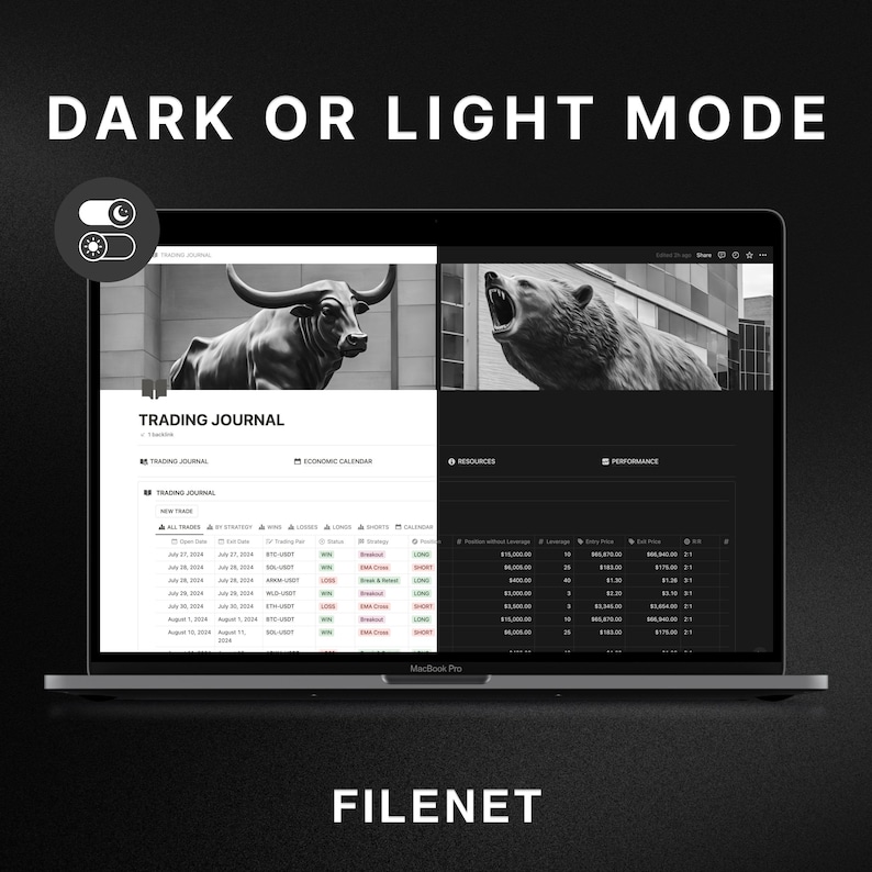 May include: A laptop computer screen displaying a website with a trading journal, economic calendar, resources, and performance data. The website has a dark mode theme with a black background and white text. The website also features a bull and bear statue in the background.