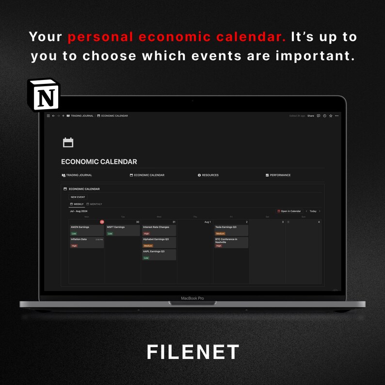 May include: A laptop computer screen displaying a calendar with the title "Economic Calendar". The calendar is divided into days and has events listed for each day. The laptop is on a black surface with the word "FILENET" in white text below it.