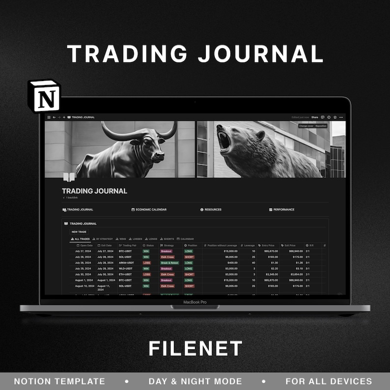 May include: A screenshot of a Notion template for a trading journal. The template includes sections for all trades, economic calendar, resources, and performance. The template is designed for use on all devices and has a day and night mode.