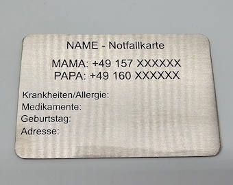 Kinder Notfall-Karte/Pass in Edelstahl mit Lasergravur