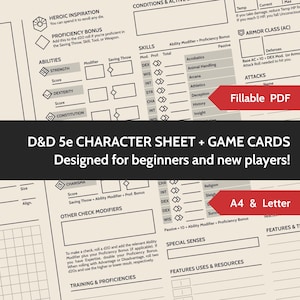 D&D 5e Charakterbogen + Spielkarten. Konzipiert für Anfänger und neue Spieler. Ausfüllbare PDF Dateien. A4 und ANSI Letter Größen. D&D Ausgabe 5.