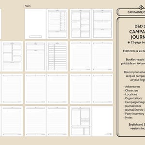 Booklet Campaign Journal for Dungeons & Dragons 5th Edition (both 2014 and 2024 editions) and 5e-compatible tabletop roleplaying games. Booklet-ready PDF files printable on A4 and ANSI Letter. English and Spanish versions are included.