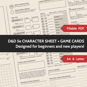 D&D 5e Charakterbogen + Spielkarten. Konzipiert für Anfänger und neue Spieler. Ausfüllbare PDF Dateien. A4 und ANSI Letter Größen. D&D Ausgabe 5.