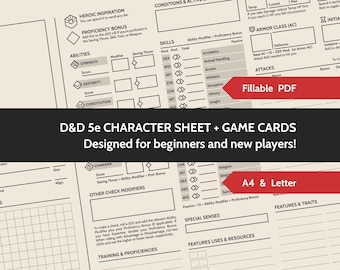 D&D 5e Character Sheet + Game Cards. Designed for beginners and new players. Fillable PDF files. A4 and ANSI Letter sizes. DnD 5th Edition.