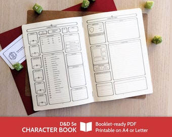 D&D 5e Character Book + Character Sheet (A5 and Half Letter booklets, PDF printable on A4 or ANSI Letter)