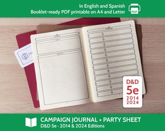Diario de campaña de D&D 5e + hoja de grupo (cuadernillos en tamaño A5 y media carta, archivos PDF imprimibles en tamaño A4 y carta ANSI)