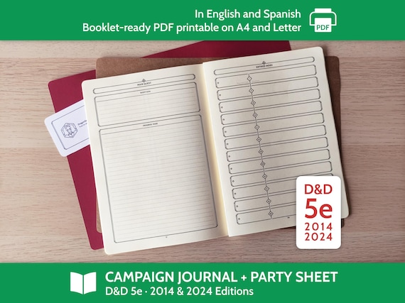 D&D 5e Campaign Journal + Party Sheet (A5 and Half Letter booklets, PDF files printable on A4 and ANSI Letter)