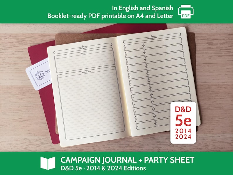 Booklet Campaign Journal for Dungeons & Dragons 5th Edition (both 2014 and 2024 editions) and 5e-compatible tabletop roleplaying games. Booklet-ready PDF files printable on A4 and ANSI Letter. English and Spanish versions are included.