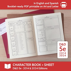 Libro de personajes de D&D 5e + Hoja de personaje (cuadernillos en formato A5 y media carta, archivos PDF imprimibles en formato A4 y carta ANSI)