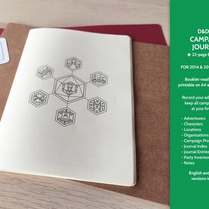 Booklet Campaign Journal for Dungeons & Dragons 5th Edition (both 2014 and 2024 editions) and 5e-compatible tabletop roleplaying games. Booklet-ready PDF files printable on A4 and ANSI Letter. English and Spanish versions are included.