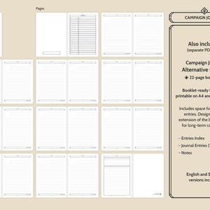 Booklet Campaign Journal for Dungeons & Dragons 5th Edition (both 2014 and 2024 editions) and 5e-compatible tabletop roleplaying games. Booklet-ready PDF files printable on A4 and ANSI Letter. English and Spanish versions are included.