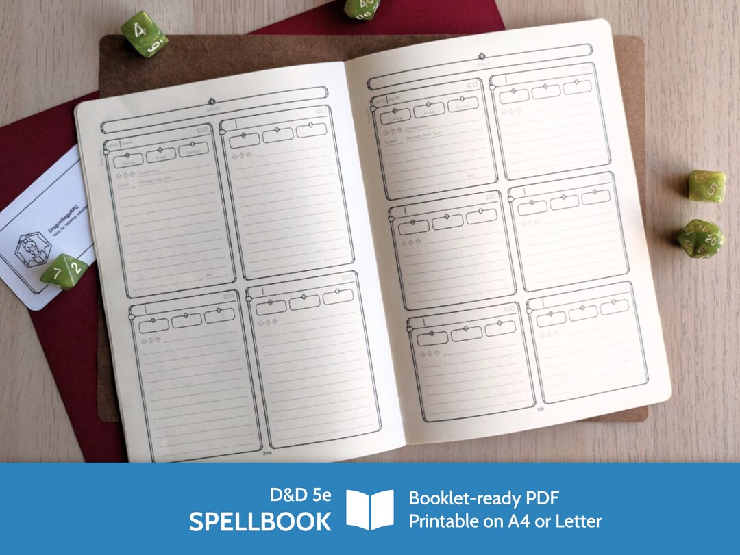 D&amp;D 5e Spellbook A5 and Half Letter Booklets, PDF Printable on A4 or ANSI Letter - Etsy