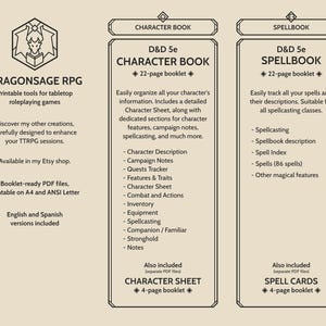 Booklet Campaign Journal for Dungeons & Dragons 5th Edition (both 2014 and 2024 editions) and 5e-compatible tabletop roleplaying games. Booklet-ready PDF files printable on A4 and ANSI Letter. English and Spanish versions are included.