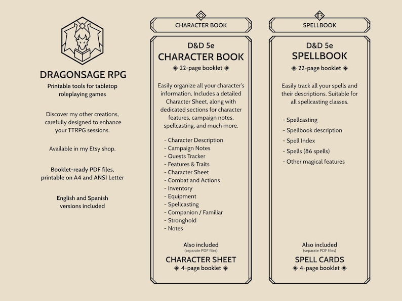Booklet Campaign Journal for Dungeons & Dragons 5th Edition (both 2014 and 2024 editions) and 5e-compatible tabletop roleplaying games. Booklet-ready PDF files printable on A4 and ANSI Letter. English and Spanish versions are included.