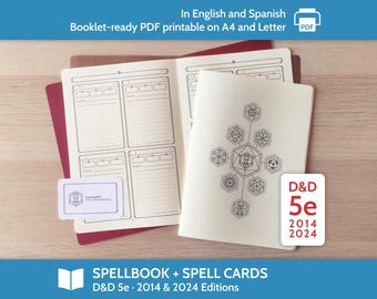 Libro de hechizos de personajes de D&D 5e + cartas de hechizos (cuaderno en tamaño A5 y medio carta, archivos PDF imprimibles en formato A4 y carta ANSI)
