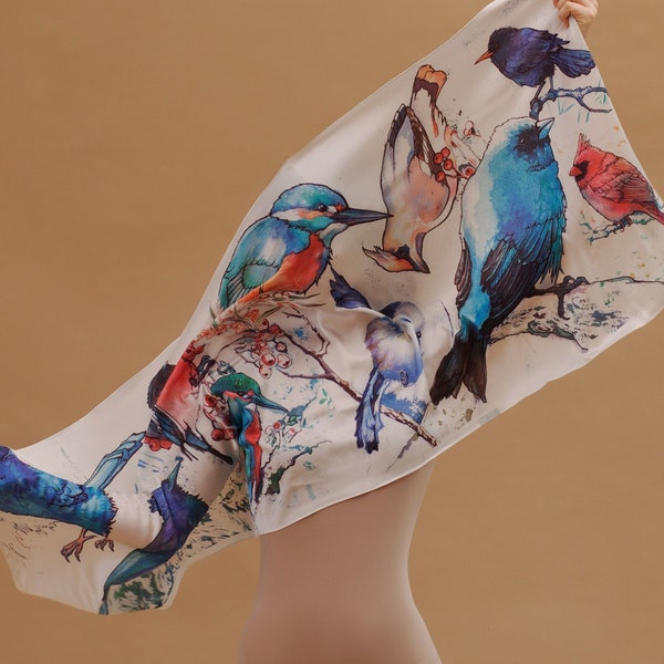 Foulard en soie avec ornements d'oiseaux Impression faite main bitds lumineux Cadeau pour maman Accessoires de sac