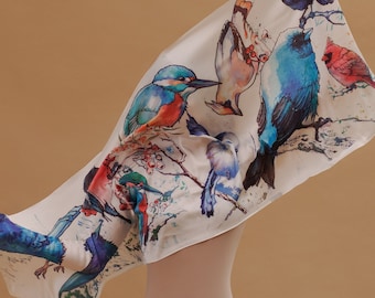 Silk Scarf with birds ornamets Bright bitds handmade print Gift for mom Bag accessories