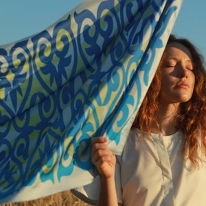 Ukrainian Silk Scarf | Blue Yellow Byzantine Print Shawl | Heritage Inspired Gift for Her | Versatile Luxury Accessory
