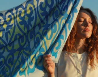 Ukrainian Silk Scarf | Blue Yellow Byzantine Print Shawl | Heritage Inspired Gift for Her | Versatile Luxury Accessory