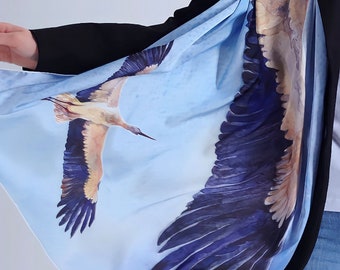 Storks family tradition print Winter Silk shawl Newborn gift from friends Baby shower party Gift for mom Ethnic Ukrainian birds Gift for mom