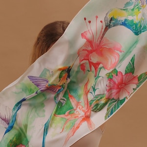 Hummingbird silk scarf Mothers day gift Bandana silk blend square scarves Neckerchief Bag Scarf Head Scarf Turban Scarf Head Wrap image 1