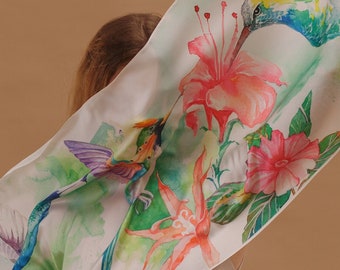 Hummingbird silk scarf Mothers day gift Bandana silk blend square scarves Neckerchief Bag Scarf Head Scarf Turban Scarf Head Wrap