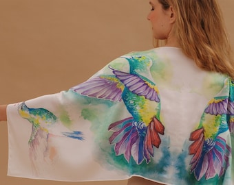 Silk scarf with Hummingbirds Shawl for woman Birdlover gift Bird art watercolor Gift for mom