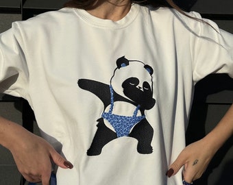 T-shirt embroidery Panda leopard body Pink and Blue Fashion Oversize clothes gift Cotton fabric high quality Animal lover present Christmas