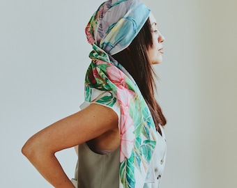 Hummingbird Silk Scarf – Floral Print Lightweight Shawl, Gift for Her, Summer Accessory