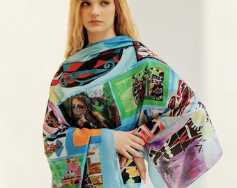 Art Print Silk Scarf, Luxury Abstract Wearable Art, Unique Handmade Gift for Her, Designer Women's Fashion Wrap, Large Lightweight Shawl