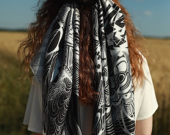 Gothic Universe-zijden sjaal | Zwart-witte abstracte print | Mystieke draagbare kunst | Uniek cadeau voor haar | Designer hoofddoek