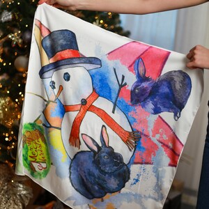 Silk shawl Snowman Gift for her Black rabbit Christmas stars 2024 image 2