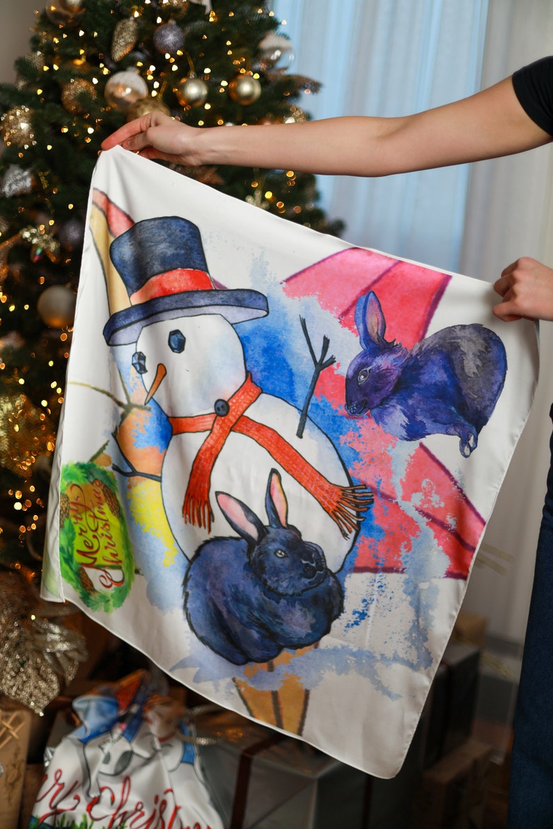 Silk shawl Snowman Gift for her Black rabbit Christmas stars 2024 image 2