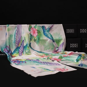 Hummingbird silk scarf Mothers day gift Bandana silk blend square scarves Neckerchief Bag Scarf Head Scarf Turban Scarf Head Wrap image 10