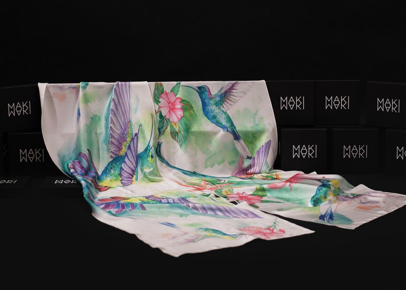 Hummingbird silk scarf Mothers day gift Bandana silk blend square scarves Neckerchief Bag Scarf Head Scarf Turban Scarf Head Wrap image 10