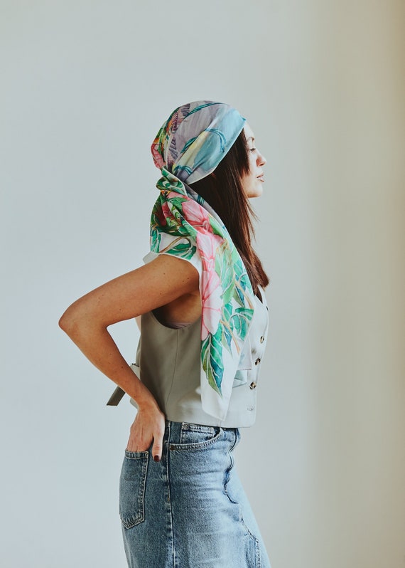 Hummingbird Silk Scarf – Floral Print Lightweight Shawl, Gift for Her, Summer Accessory