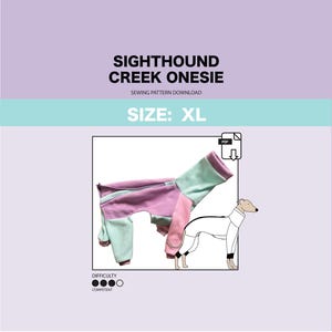 May include: A sewing pattern for a Sighthound Creek Onesie in size XL. The pattern is for a pink and green onesie with a zipper down the back. The difficulty level is rated as competent. The pattern is a PDF download.