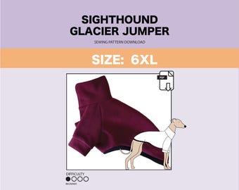 May include: A burgundy dog sweater sewing pattern for a sighthound in size 6XL. The pattern is a PDF download and is rated as beginner difficulty.
