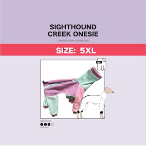 May include: A sewing pattern for a Sighthound Creek Onesie in size 5XL. The pattern is for a pink, green, and white onesie with a difficulty level of competent. The pattern is a PDF download.