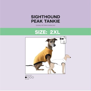 以下が含まれることがあります： 「Sighthound Peak Tankie」と呼ばれる犬用タンクトップの縫製パターン、サイズは2XL。このパターンは初心者向けの縫製で、PDFダウンロードが含まれています。画像には、タンクトップを着た犬と、タンクトップの線画が描かれています。
