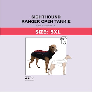 Puede incluir: Un patrón de costura para un abrigo de perro negro y rojo, etiquetado como "Sighthound Ranger Open Tankie" y "Talla: 5XL". El patrón es para principiantes avanzados y está disponible para descargar en PDF.