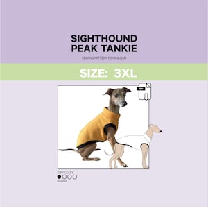 May include: A sewing pattern for a dog sweater, called the Sighthound Peak Tankie, in size 3XL. The pattern is for a beginner level sewist and includes a PDF download. The image shows a yellow sweater on a dog.