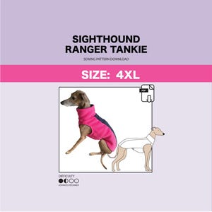 May include: A sewing pattern for a pink and black dog vest, called the Sighthound Ranger Tankie, in size 4XL. The pattern is for an advanced beginner and is available as a PDF download.