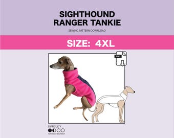 Puede incluir: Un patrón de costura para un chaleco de perro rosa y negro, llamado Sighthound Ranger Tankie, en talla 4XL. El patrón es para principiantes avanzados y está disponible para descargar en PDF.