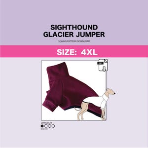 Op de afbeelding: Een naaipatroon voor een bordeauxrode hondentrui voor een windhond. Het patroon is voor maat 4XL en wordt geclassificeerd als moeilijkheidsgraad beginner. Het patroon is een PDF-download.