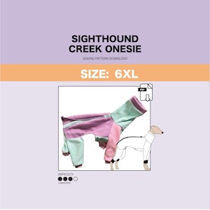 Könnte beinhalten: Ein Schnittmuster für einen Sighthound Creek Onesie in Größe 6XL. Das Schnittmuster ist für einen rosa und grünen Onesie mit einem Schwierigkeitsgrad von kompetent. Das Schnittmuster ist ein PDF-Download.