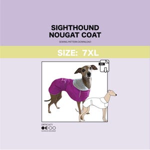 Può includere: Un cartamodello per un cappotto per cani viola, etichettato "Sighthound Nougat Coat" e "Taglia: 7XL". Il cartamodello è per principianti avanzati ed è disponibile per il download in PDF.