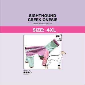 Può includere: Un cartamodello per un onesie Sighthound Creek in taglia 4XL. Il cartamodello è per un onesie rosa e verde con un livello di difficoltà competente. Il cartamodello è un download PDF.