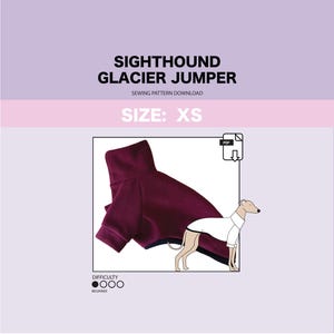 Könnte beinhalten: Ein Schnittmuster für einen burgunderfarbenen Hunde-Pullover mit der Aufschrift "Sighthound Glacier Jumper" und "Größe: XS". Das Schnittmuster ist für Anfänger geeignet und als PDF-Download erhältlich.