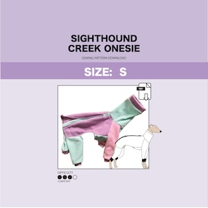 May include: A sewing pattern for a Sighthound Creek Onesie in size S. The pattern is for a pink and green onesie with a zipper closure. The difficulty level is rated as competent. The pattern is a PDF download.